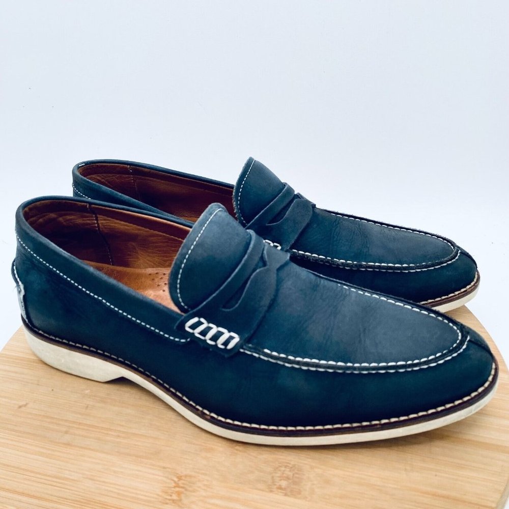 Donald J. Pliner Navy Blue Leather Penny Loafers